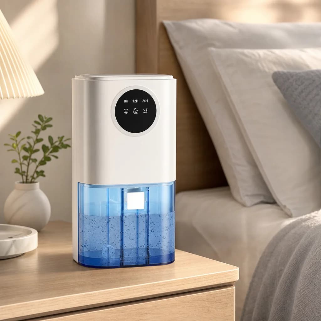 Quiet 1.7L electric dehumidifier in a calm bedroom